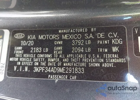 2021 Kia Forte Gt-Line из США, поврежденный, VIN 3KPF34AD9ME291833